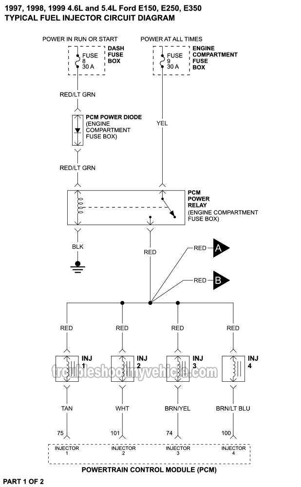 Fuel Injector Circuit Wiring Diagram (1997-1999 4.6L, 5.4L V8 Ford E150, E250, E350)