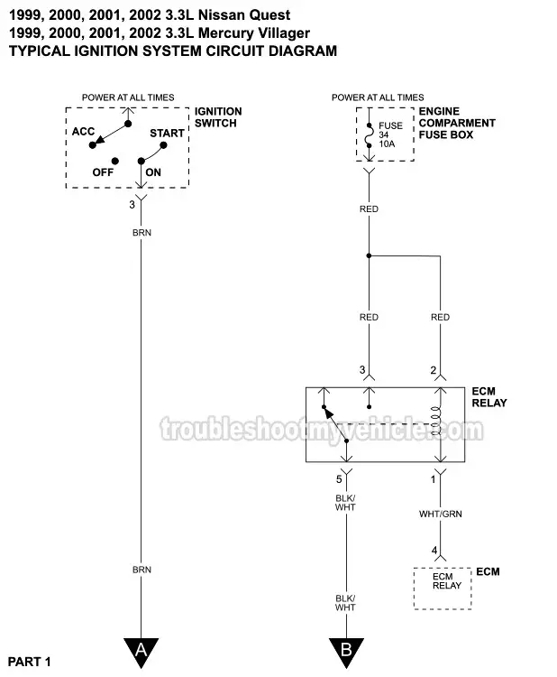 Part 1 -Ignition System Wiring Diagram (1999, 2000, 2001, 2002 3.3L V6 Nissan Quest And Mercury Villager)