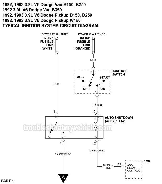 PART 1 -Ignition System Wiring Diagram. 1992, 1993 3.9L V6 Dodge: B150, B250, B350, D150, D250, Ramcharger, W150, W250
