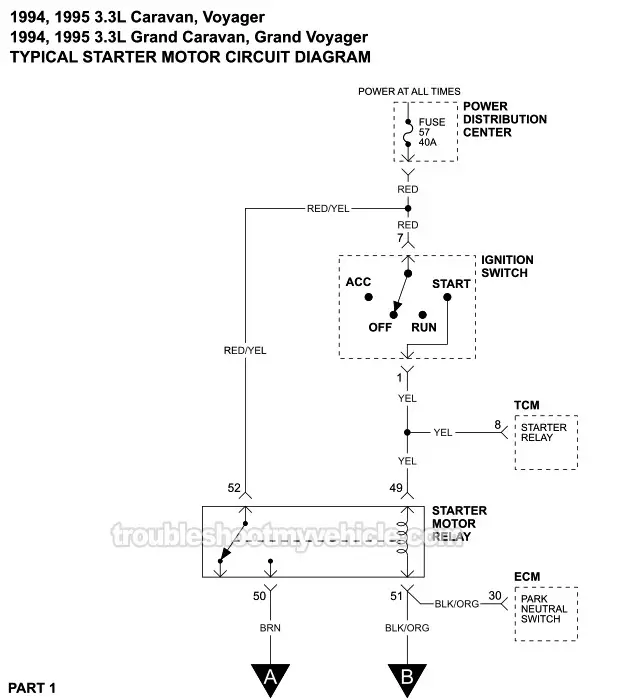 PART 1 of 2 -Starter Motor Circuit Wiring Diagram. 1994, 1995 3.3L V6 Caravan, Grand Caravan, Voyager, Grand Voyager