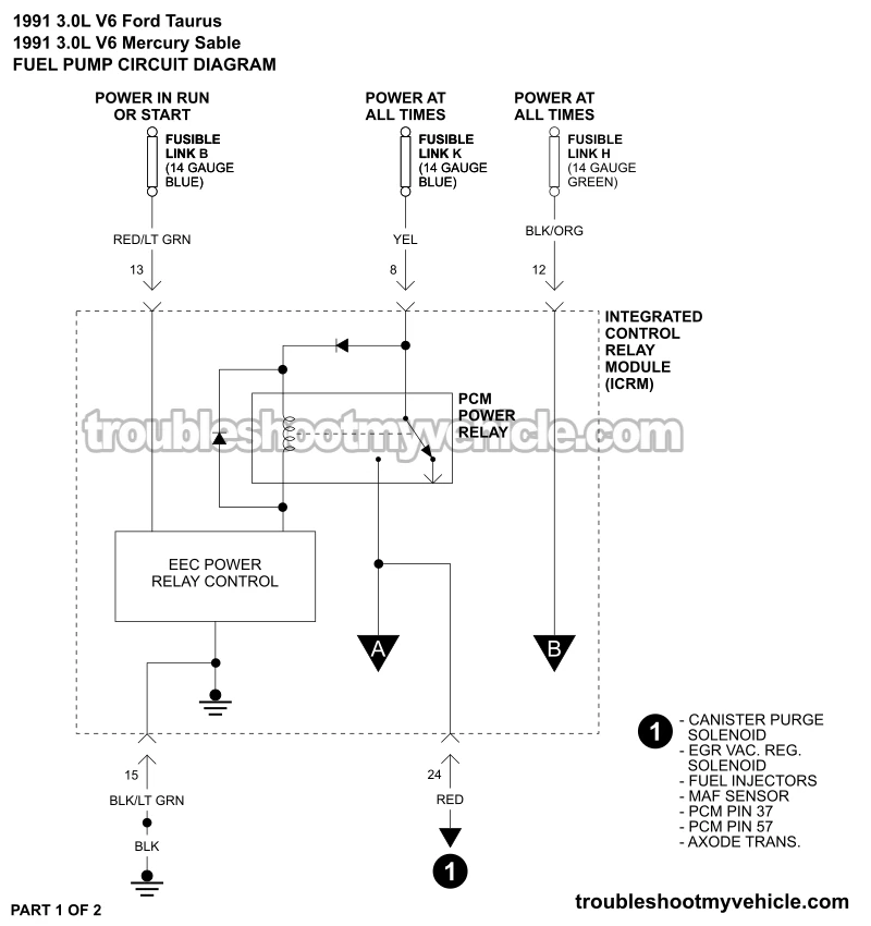 PART 1 OF 2: Fuel Pump Circuit Wiring Diagram (1991 3.0L V6 Ford Taurus, Mercury Sable) PART 1 OF 2: Fuel Pump Circuit Wiring Diagram (1991 3.0L V6 Ford Taurus, Mercury Sable)
