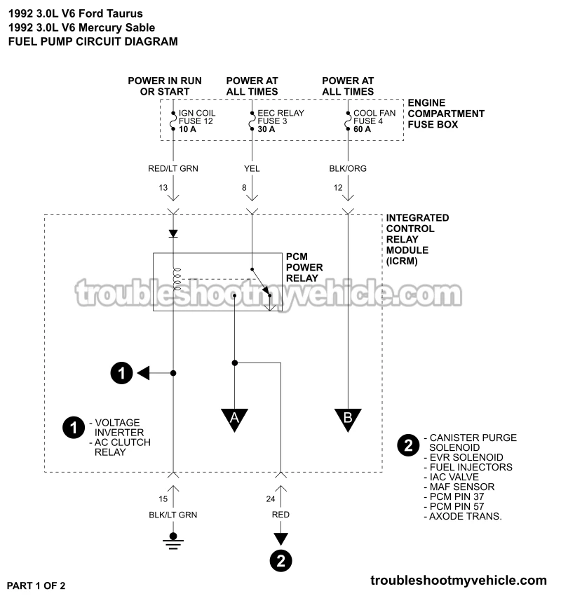 PART 1 OF 2: Fuel Pump Circuit Wiring Diagram (1992 3.0L V6 Ford Taurus, Mercury Sable) PART 1 OF 2: Fuel Pump Circuit Wiring Diagram (1992 3.0L V6 Ford Taurus, Mercury Sable)