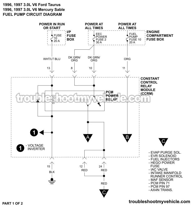 PART 1 OF 2: Fuel Pump Circuit Wiring Diagram (1996, 1997 3.0L V6 Ford Taurus And Mercury Sable) PART 1 OF 2: Fuel Pump Circuit Wiring Diagram (1996, 1997 3.0L V6 Ford Taurus And Mercury Sable)