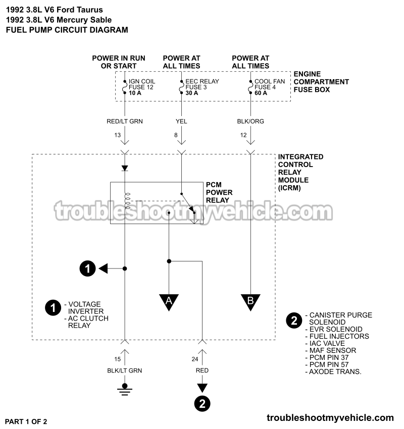 PART 1 OF 2: Fuel Pump Circuit Wiring Diagram (1992 3.8L V6 Ford Taurus, Mercury Sable) PART 1 OF 2: Fuel Pump Circuit Wiring Diagram (1992 3.8L V6 Ford Taurus, Mercury Sable)
