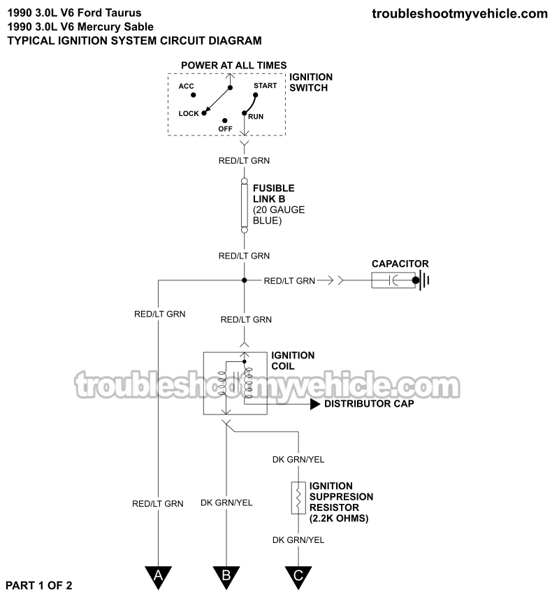 Part 1 of 2 -Ignition System Circuit Diagram (1990 3.0L V6 Ford Taurus And Mercury Sable)