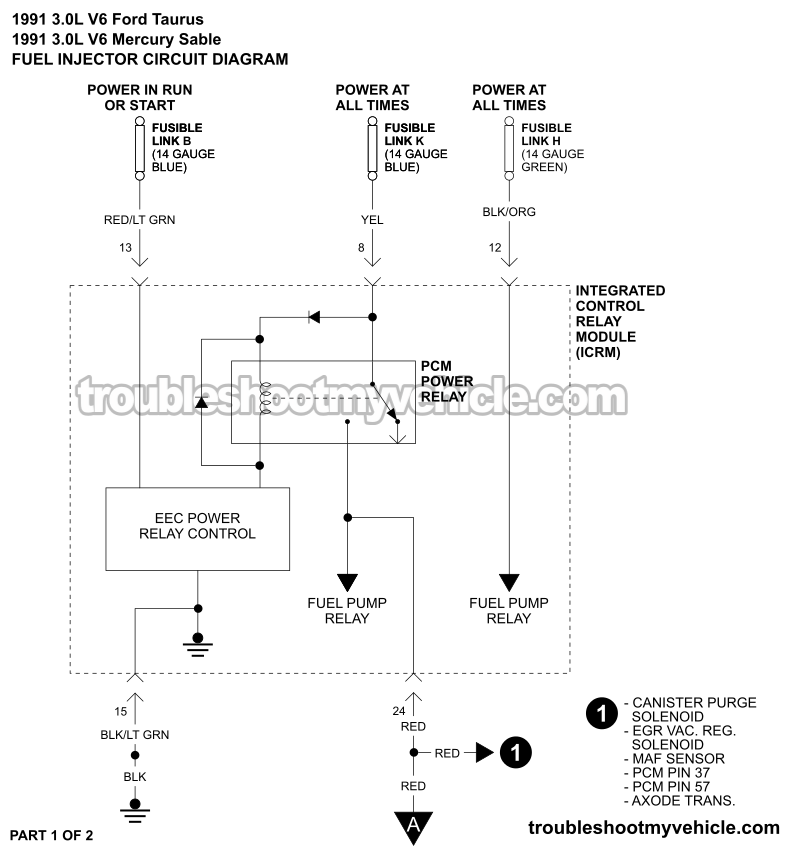 PART 1 OF 2: Fuel Injector Circuit Wiring Diagram (1991 3.0L V6 Ford Taurus, Mercury Sable)