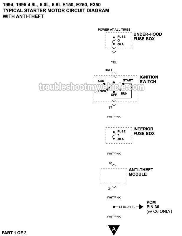 Part 1 of 2: Starter Motor Circuit Wiring Diagram With Anti-Theft System (4.9L, 5.0L, 5.8L Ford E150, E250, E350) Part 1 of 2: Starter Motor Circuit Wiring Diagram With Anti-Theft System (4.9L, 5.0L, 5.8L Ford E150, E250, E350)