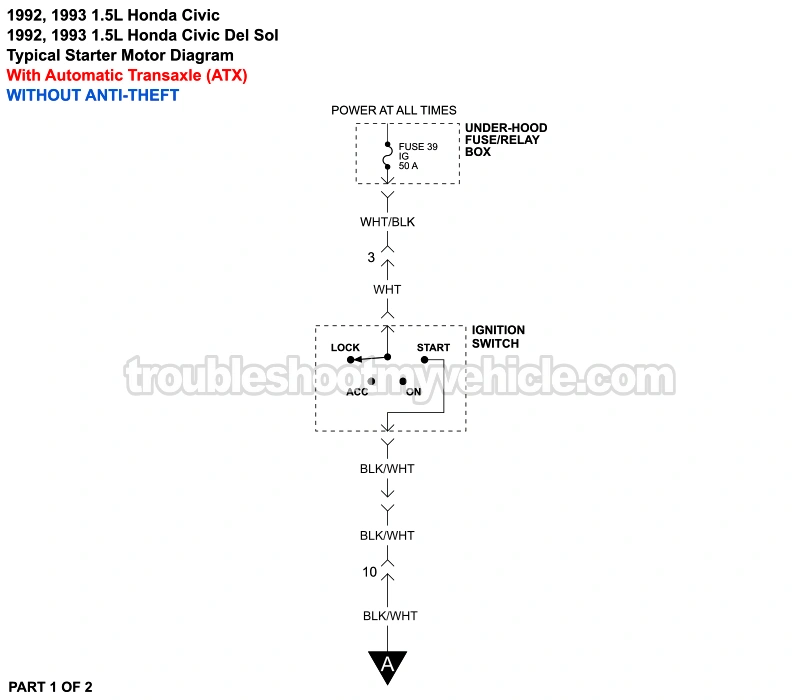 PART 1 of 2: 1992 1.5L Honda Civic And Civic Del Sol Starter Motor Wiring Diagram. With Automatic Transaxle (W/O Anti-Theft)