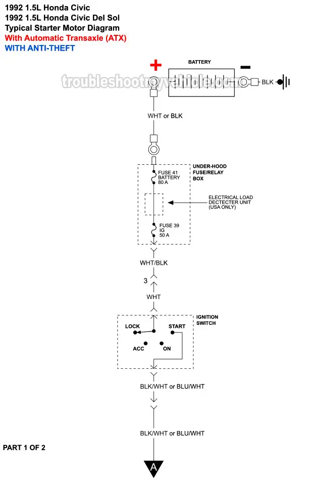PART 1: 1992 1.5L Honda Civic And Civic Del Sol Starter Motor Wiring Diagram. With Automatic Transaxle (W Anti-Theft) PART 1: 1992 1.5L Honda Civic And Civic Del Sol Starter Motor Wiring Diagram. With Automatic Transaxle (W Anti-Theft)