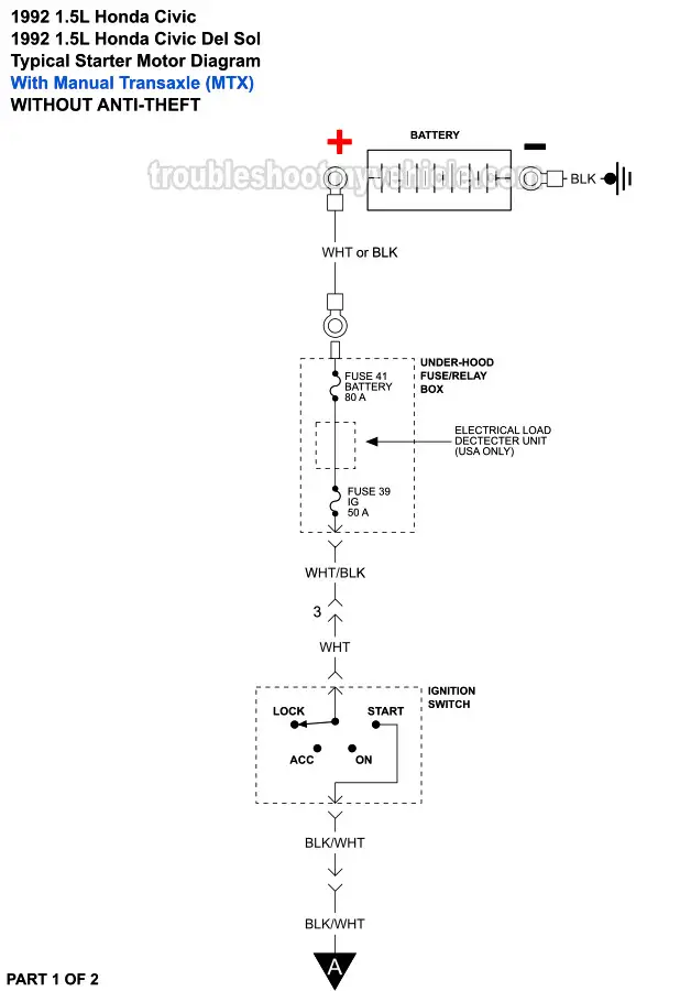 PART 1: 1992 1.5L Honda Civic And Civic Del Sol Starter Motor Wiring Diagram. With Manual Transaxle (W/O Anti-Theft). PART 1: 1992 1.5L Honda Civic And Civic Del Sol Starter Motor Wiring Diagram. With Manual Transaxle (W/O Anti-Theft).