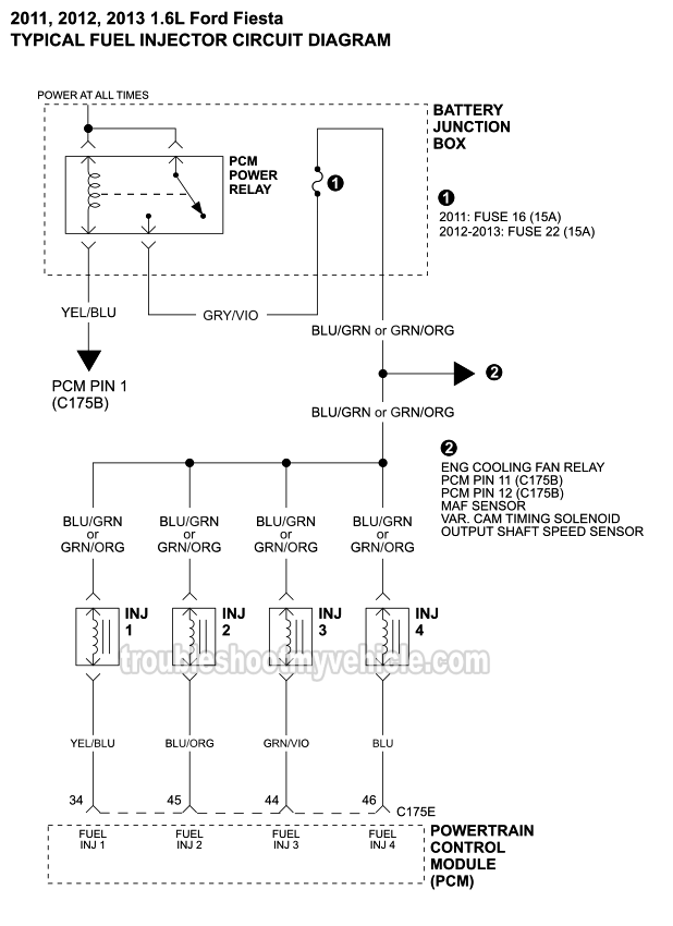 Fuel Injector Circuit Wiring Diagram (2011-2013 1.6L Ford Fiesta)