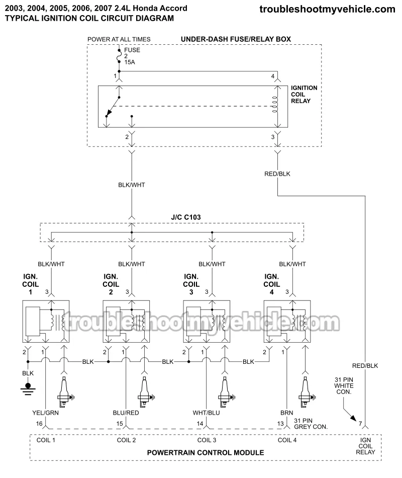 Ignition Coil Circuit Wiring Diagram (2003, 2004, 2005, 2006, 2007 2.4L Honda Accord) Ignition Coil Circuit Wiring Diagram (2003, 2004, 2005, 2006, 2007 2.4L Honda Accord)
