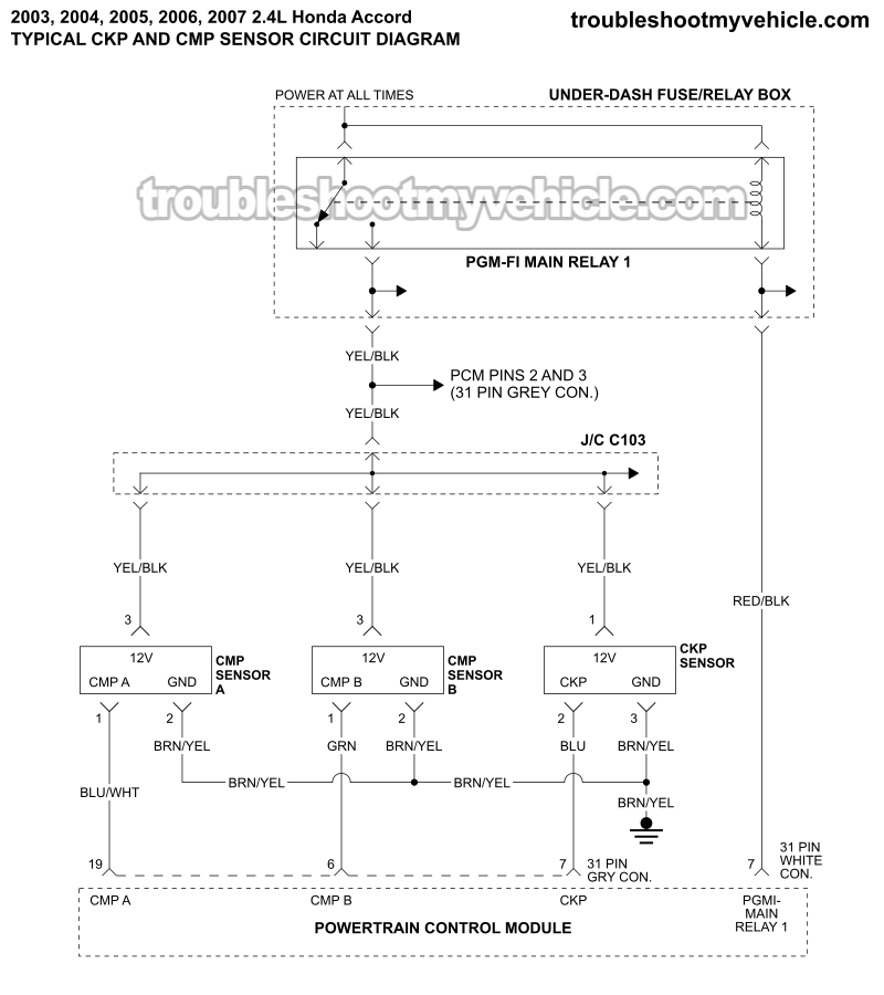 CMP And CKP Sensor Circuit Wiring Diagram (2003, 2004, 2005, 2006, 2007 2.4L Honda Accord) CMP And CKP Sensor Circuit Wiring Diagram (2003, 2004, 2005, 2006, 2007 2.4L Honda Accord)