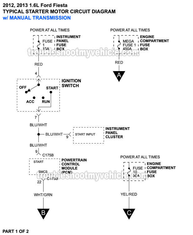 Starter Motor Circuit Wiring Diagram W/ Manual Transmission (2012, 2013 1.6L Ford Fiesta)