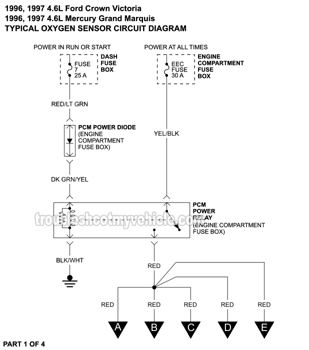 Part 1 of 4: Oxygen Sensor Circuit Wiring Diagram (1996, 1997 4.6L V8 Ford Crown Victoria And Mercury Grand Marquis)