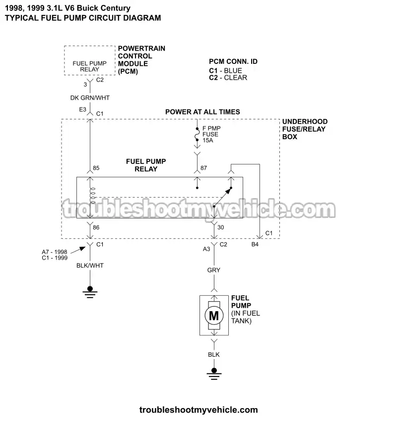 Fuel Pump Circuit Wiring Diagram (1998, 1999 3.1L V6 Buick Century)