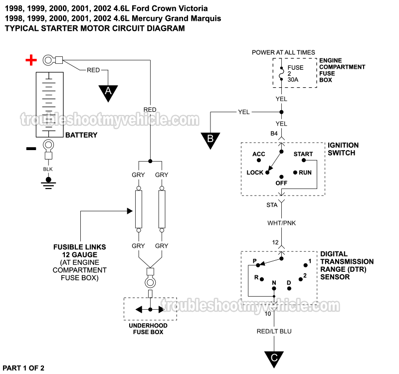 Starter Motor Circuit Wiring Diagram (1998-2002 4.6L Crown Victoria, Grand Marquis)