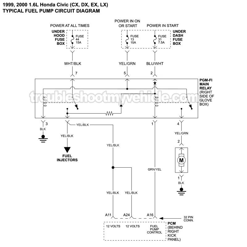 Fuel Pump Circuit Wiring Diagram (1999-2000 1.6L Honda Civic)