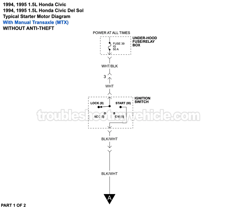 PART 1 of 2: Starter Motor Circuit Wiring Diagram With Manual Transaxle Without Anti-Theft (1995, 1996, 1997, 1998, 1999, 2000 1.6L Honda Civic)