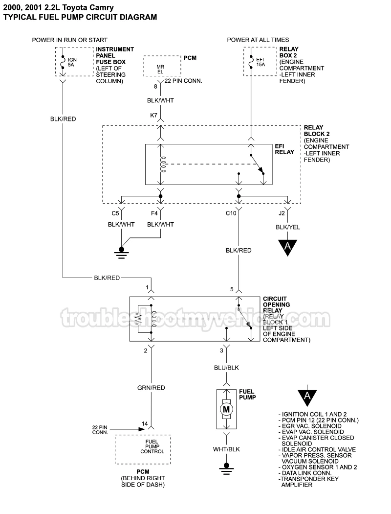 Fuel Pump Circuit Wiring Diagram (1997, 1998, 1999 2.2L Toyota Camry)