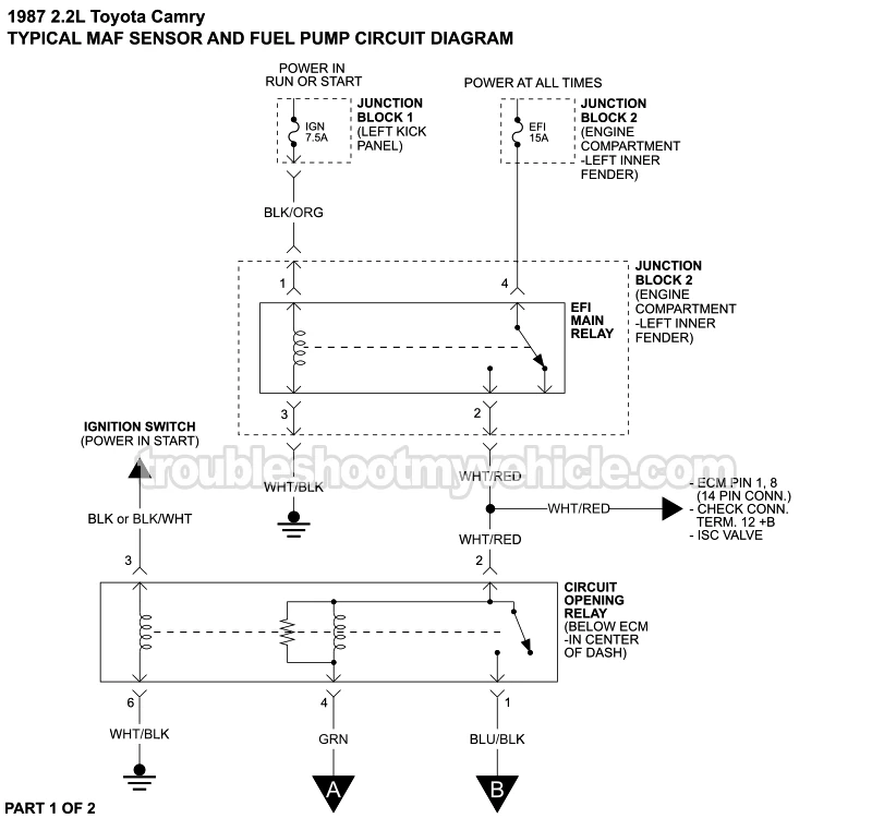 MAF Sensor And Fuel Pump Circuit Wiring Diagram (1987 2.2L Toyota Camry)