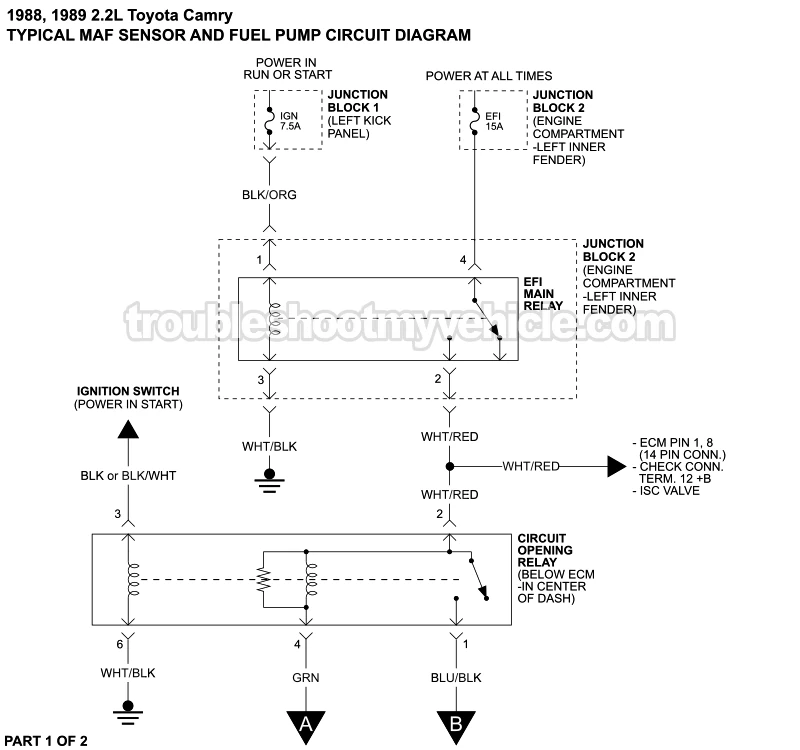 MAF Sensor And Fuel Pump Circuit Wiring Diagram (1988-1989 2.2L Toyota Camry)