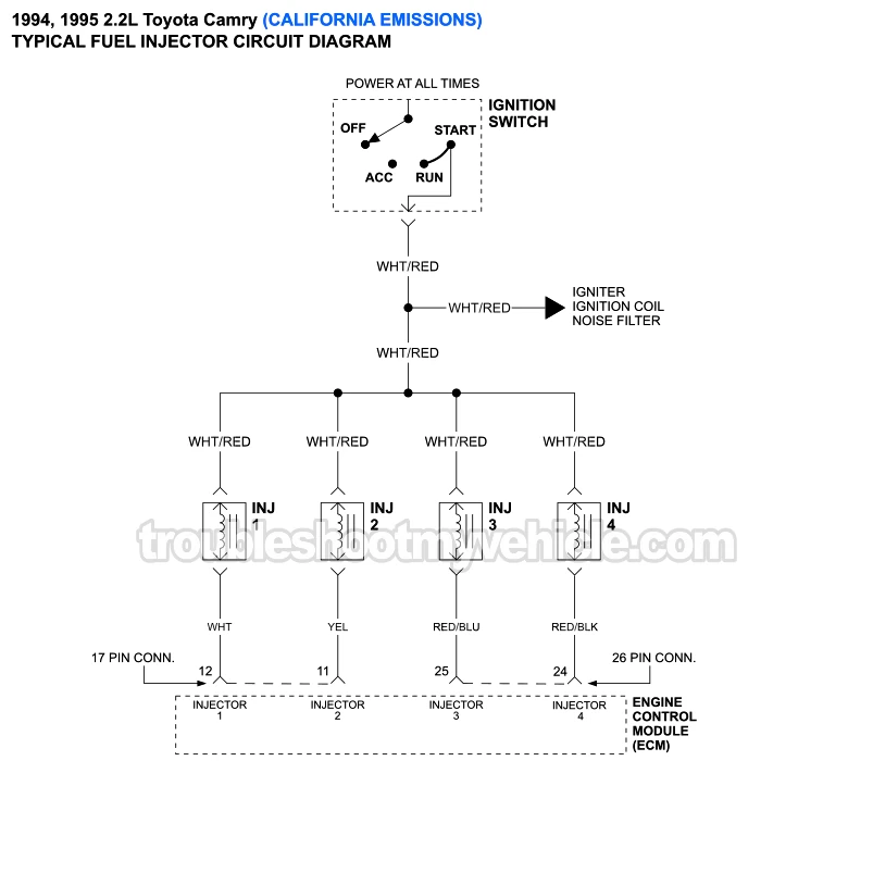 Fuel Injectors Circuit Wiring Diagram - California Emissions (1994, 1995 2.2L Toyota Camry)