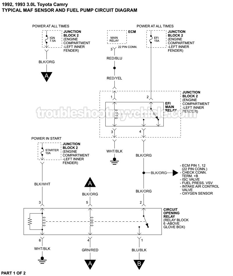 PART 1 of 2: MAF Sensor And Fuel Pump Circuit Wiring Diagram (1992, 1993 3.0L V6 Toyota Camry)