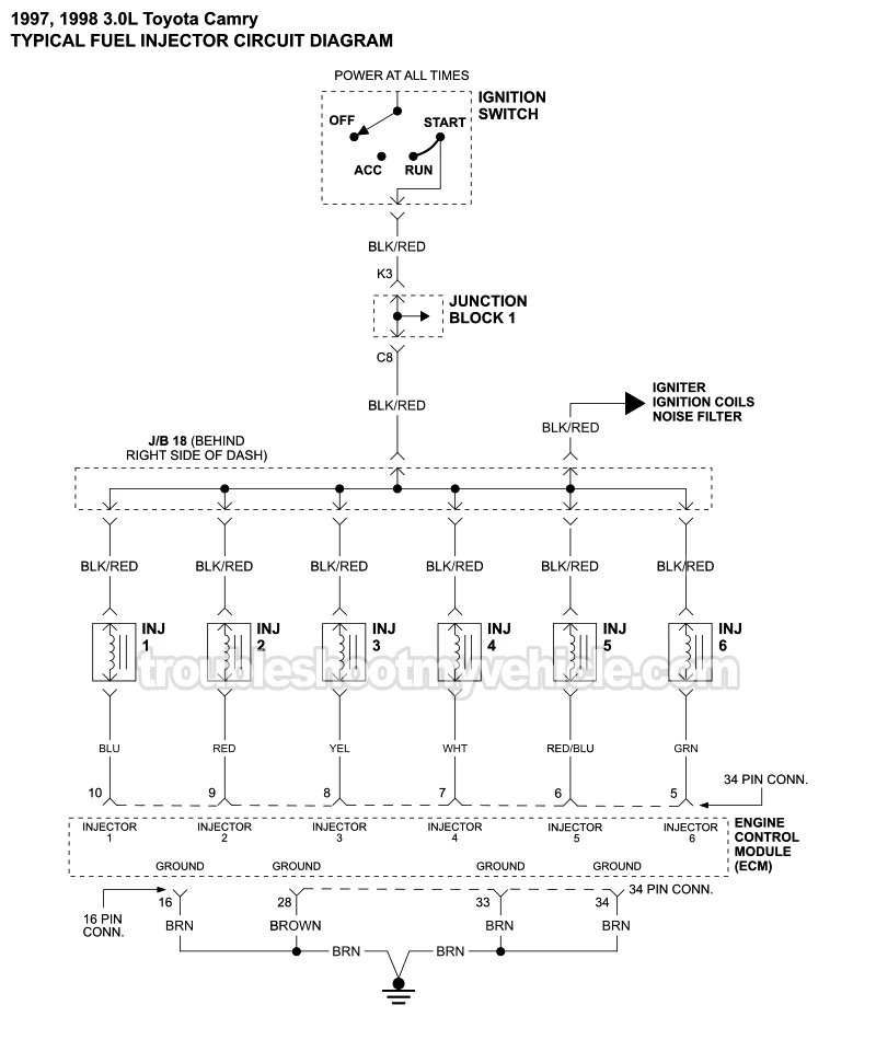 Fuel Injectors Circuit Wiring Diagram (1997, 1998 3.0L V6 Toyota Camry)