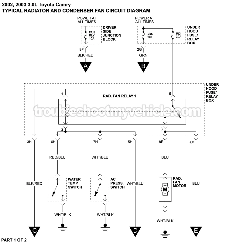 PART 1 OF 2: Radiator Cooling Fan And Condenser Fan Circuit Wiring Diagram (2002, 2003 3.0L V6 Toyota Camry)