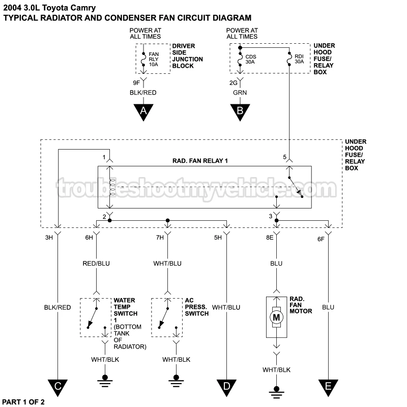 PART 1 OF 2: Radiator Cooling Fan And Condenser Fan Circuit Wiring Diagram (2004 3.0L V6 Toyota Camry)