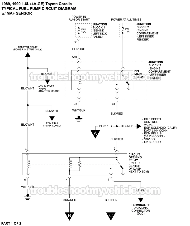 PART 1 OF 2: Fuel Pump Circuit Wiring Diagram (1989, 1990 1.6L 4A-GE Toyota Corolla)