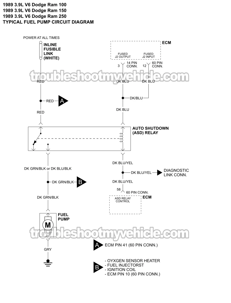 Fuel Pump Circuit Wiring Diagram (1989 3.9L V6 Dodge Ram Pickups)