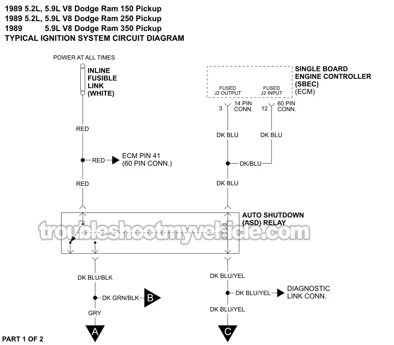 PART 1 OF 2: Ignition System Circuit Wiring Diagram (1989 5.2L, 5.9L V8 Dodge Ram Pickup) PART 1 OF 2: Ignition System Circuit Wiring Diagram (1989 5.2L, 5.9L V8 Dodge Ram Pickup)