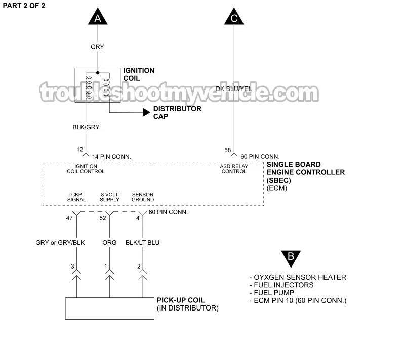 PART 2 OF 2: Ignition System Circuit Wiring Diagram (1989 5.2L, 5.9L V8 Dodge Ram Pickup) PART 2 OF 2: Ignition System Circuit Wiring Diagram (1989 5.2L, 5.9L V8 Dodge Ram Pickup)