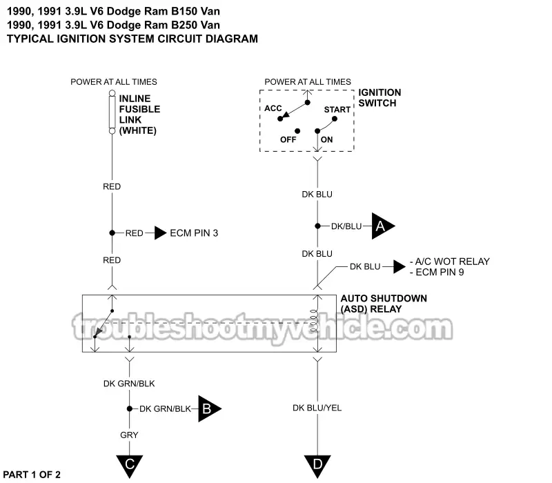 PART 1 OF 2: Ignition System Circuit Wiring Diagram (1990, 1991 3.9L V6 Dodge Ram Van)