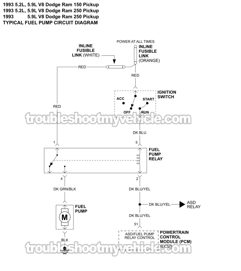 Fuel Pump Circuit Wiring Diagram (1993 5.2L, 5.9L V8 Dodge Ram Pickup) Fuel Pump Circuit Wiring Diagram (1993 5.2L, 5.9L V8 Dodge Ram Pickup)
