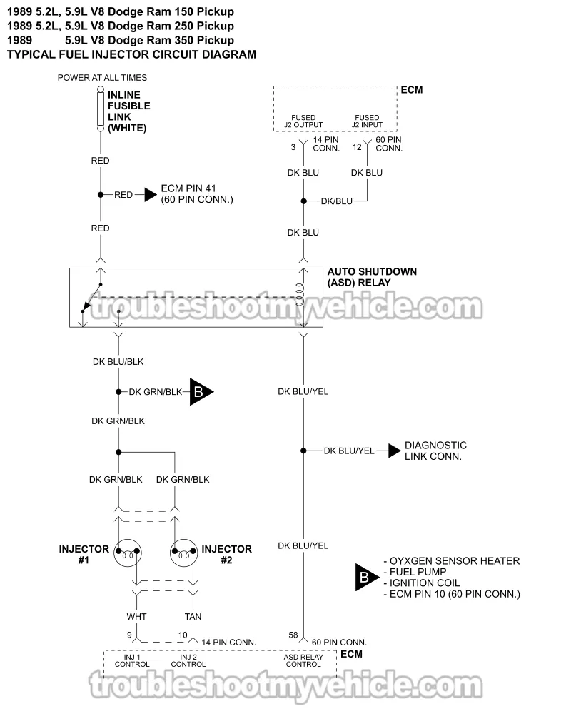 Fuel Injector Circuit Wiring Diagram (1989 5.2L, 5.9L V8 Dodge Ram Pickup)