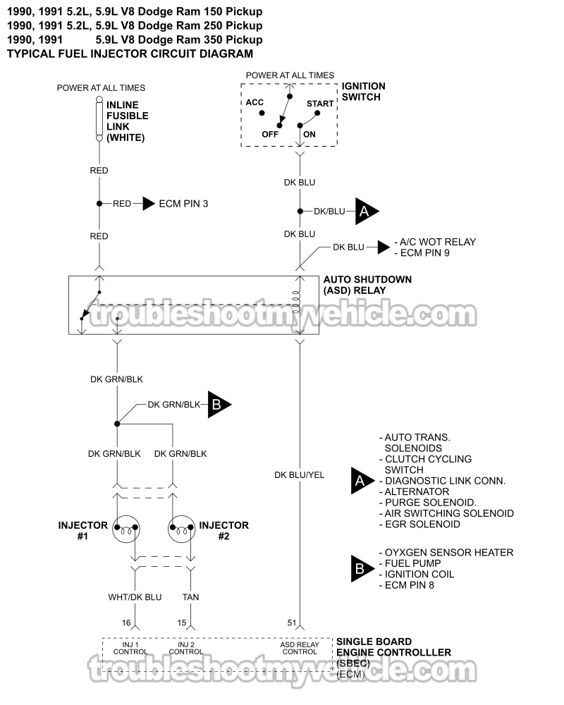 Fuel Injector Circuit Wiring Diagram (1990, 1991 5.2L, 5.9L V8 Dodge Ram Pickup) Fuel Injector Circuit Wiring Diagram (1990, 1991 5.2L, 5.9L V8 Dodge Ram Pickup)