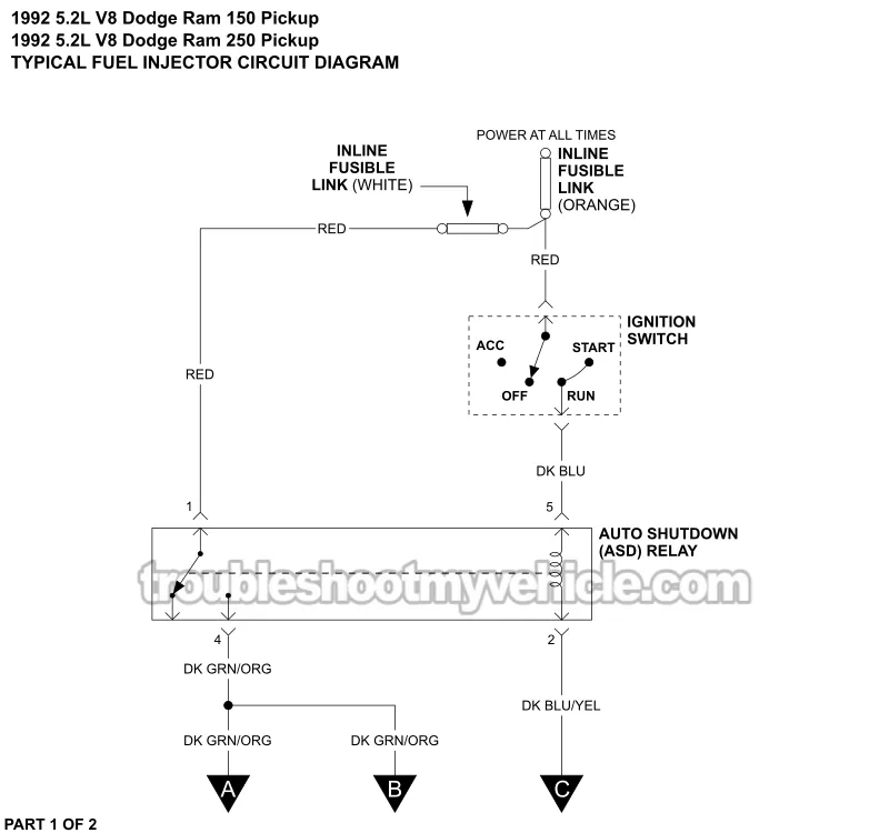 Fuel Injector Wiring Diagram (1992 5.2L, 5.9L V8 Dodge Ram Pickup)