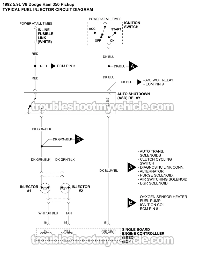 1992 5.9L V8 Engine. Fuel Injector Wiring Diagram (1992 5.2L, 5.9L V8 Dodge Ram Pickup) 1992 5.9L V8 Engine. Fuel Injector Wiring Diagram (1992 5.2L, 5.9L V8 Dodge Ram Pickup)