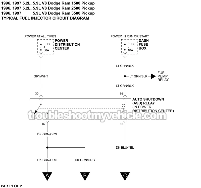 Fuel Injector Circuit Wiring Diagram (1996-1997 5.2L, 5.9L V8 Dodge Ram Pickup)