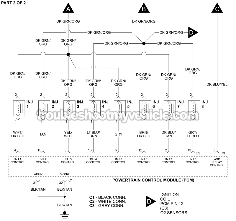 PART 2 OF 2: Fuel Injector Circuit Wiring Diagram (1996, 1997 5.2L, 5.9L V8 Dodge Ram Pickup) PART 2 OF 2: Fuel Injector Circuit Wiring Diagram (1996, 1997 5.2L, 5.9L V8 Dodge Ram Pickup)