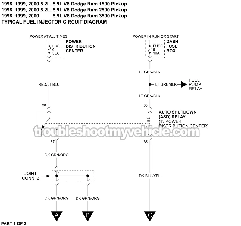Fuel Injector Circuit Wiring Diagram (1998-2000 5.2L, 5.9L V8 Dodge Ram Pickup)