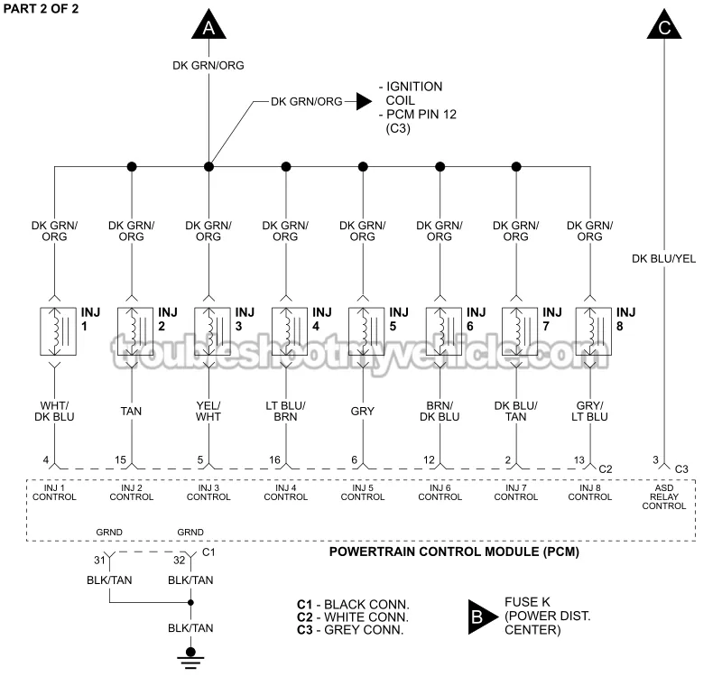 PART 2 of 2 -Fuel Injector Circuit Wiring Diagram (1998, 1999, 2000 5.2L, 5.9L V8 Dodge Ram Pickup) PART 2 of 2 -Fuel Injector Circuit Wiring Diagram (1998, 1999, 2000 5.2L, 5.9L V8 Dodge Ram Pickup)