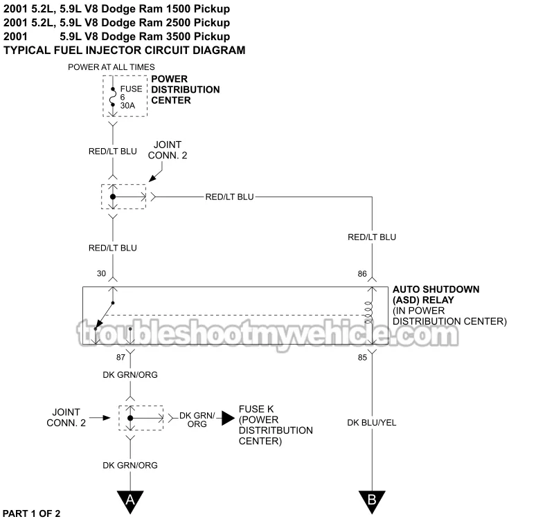 Fuel Injector Circuit Wiring Diagram (2001 5.2L, 5.9L V8 Dodge Pickup)