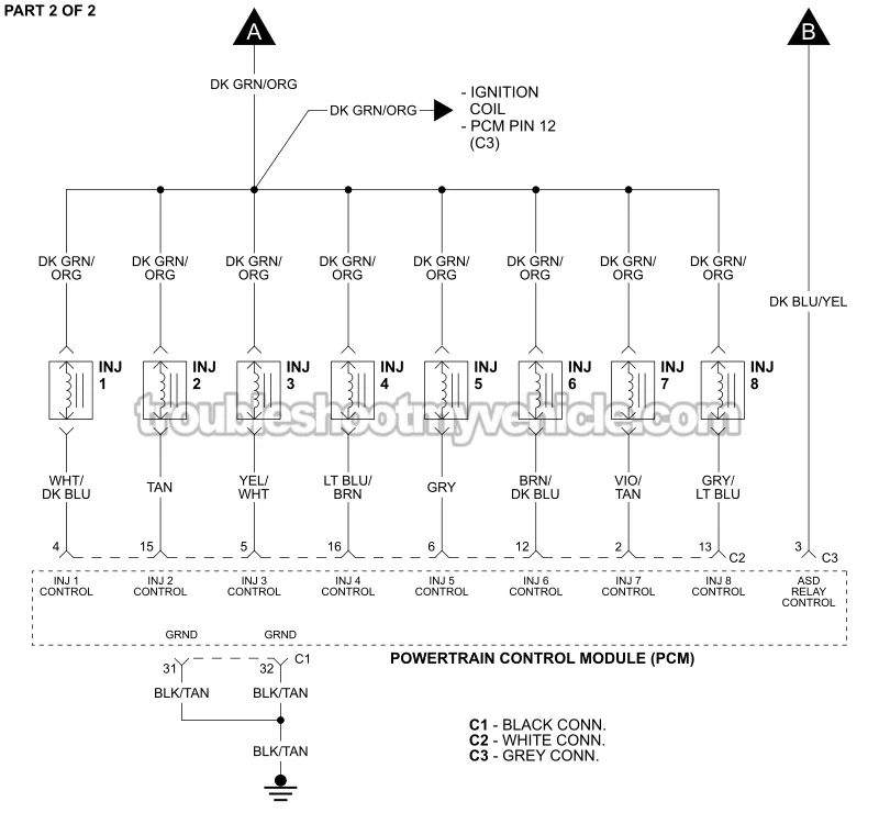 PART 2 OF 2: Fuel Injector Circuit Wiring Diagram (2001 5.2L, 5.9L V8 Dodge Ram Pickup) PART 2 OF 2: Fuel Injector Circuit Wiring Diagram (2001 5.2L, 5.9L V8 Dodge Ram Pickup)