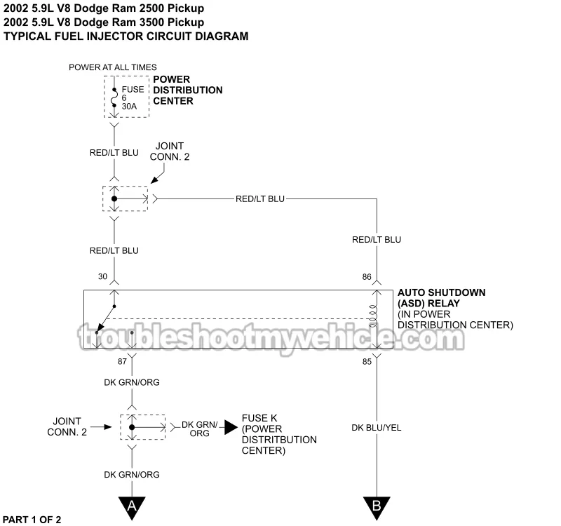 5.9L 2500 And 3500 Pickups. PART 1 OF 2: Fuel Injector Circuit Wiring Diagram (2002 5.9L V8 Dodge Ram Pickup) 5.9L 2500 And 3500 Pickups. PART 1 OF 2: Fuel Injector Circuit Wiring Diagram (2002 5.9L V8 Dodge Ram Pickup)