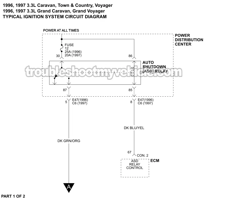PART 1 OF 2: Ignition System Wiring Diagram (1996, 1997 3.3L V6 Chrysler, Dodge And Plymouth Minivan) PART 1 OF 2: Ignition System Wiring Diagram (1996, 1997 3.3L V6 Chrysler, Dodge And Plymouth Minivan)