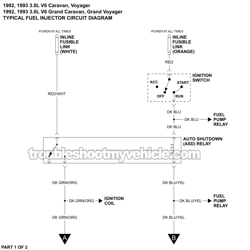 PART 1 -Fuel Injector Circuit Wiring Diagram. 1992, 1993 3.0L V6 Caravan, Grand Caravan, Voyager, Grand Voyager PART 1 of 2 -Fuel Injector Circuit Wiring Diagram. 1992, 1993 3.0L V6 Caravan, Grand Caravan, Voyager, Grand Voyager